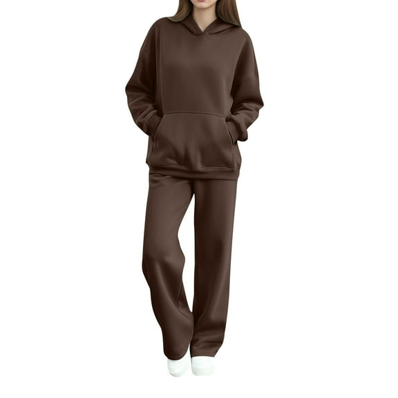 Women's 2 Piece Sweatsuits Fall Winter Casual Sports Outfits Hoodie and Wide Leg Sweatpant Pant Sets with Pockets (M, Brown)