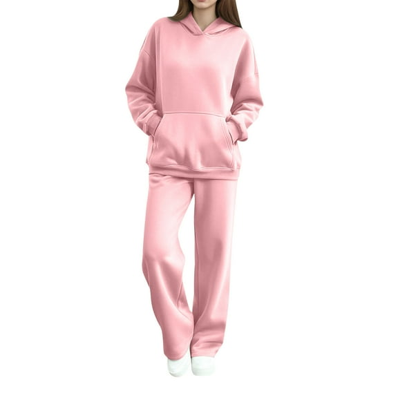 Women's 2 Piece Sweatsuits Fall Winter Casual Sports Outfits Hoodie and Wide Leg Sweatpant Pant Sets with Pockets (M, Pink)