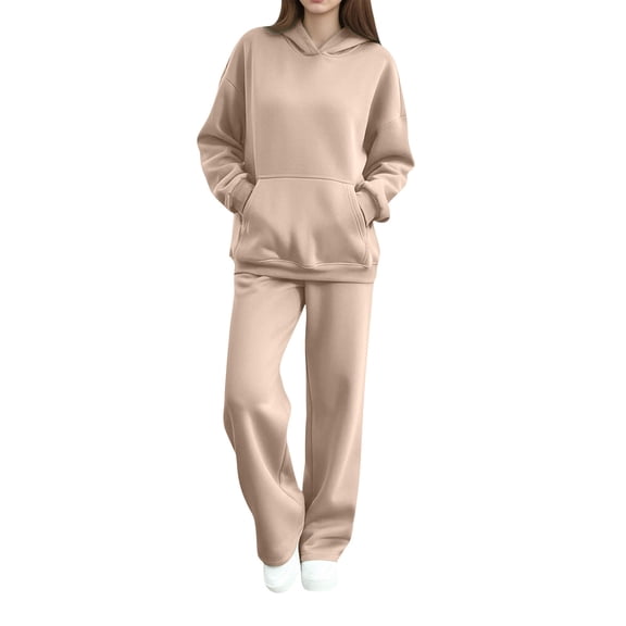 Women's 2 Piece Sweatsuits Fall Winter Casual Sports Outfits Hoodie and Wide Leg Sweatpant Pant Sets with Pockets (S, Khaki)