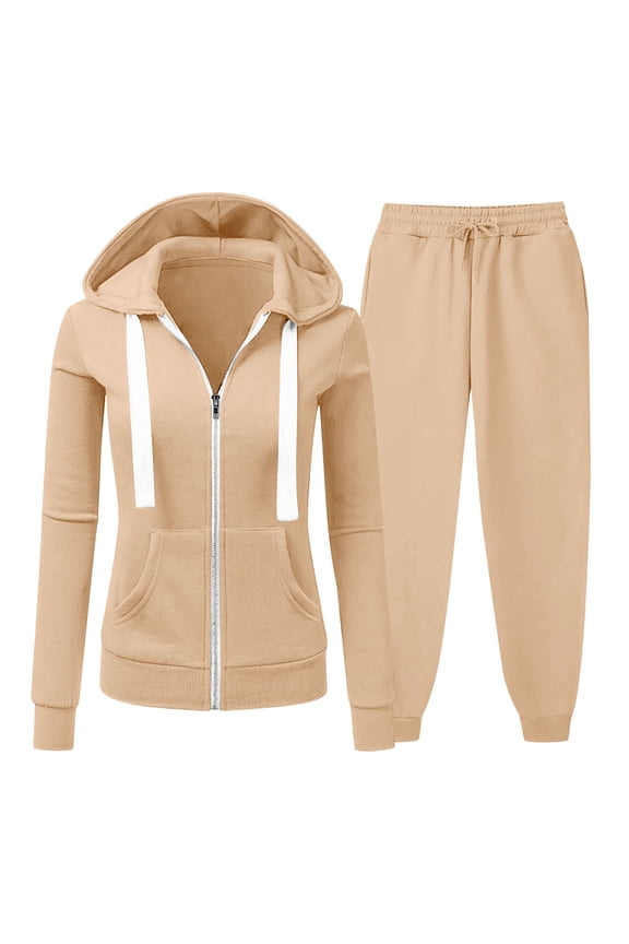 Women's 2 Piece Sweatsuits Full Zip Sweatshirts Workout Pants Plus Size Lounge Sets Tracksuits Fall Outfits Sizes S-5XL Beige S