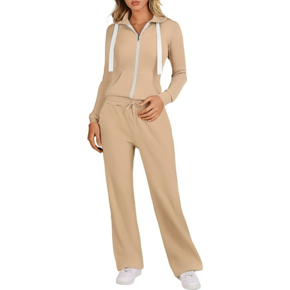 Women's 2 Piece Sweatsuits Full Zip Up Solid Color Long Sleeve Hooded Sweatshirt Straight Leg Sweatpants Oversized Fall Fashion Tracksuits