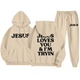 thumbnail image 1 of Women's 2 Piece Sweatsuits Long Sleeve Jesus Letter Print Christian Hooded Pullover Tops and Jogger Pant Casual Fall Comfy Fashion Tracksuit Sets, 1 of 6