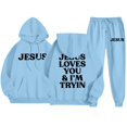 thumbnail image 1 of Women's 2 Piece Sweatsuits Long Sleeve Jesus Letter Print Christian Hooded Pullover Tops and Jogger Pant Casual Fall Comfy Fashion Tracksuit Sets, 1 of 6