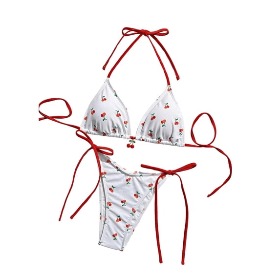 Women's 2 Piece Swimsuit Cherry Print Bikini Set Halter Triangle Bikini Side Tie String Bathing Suits White Red Medium