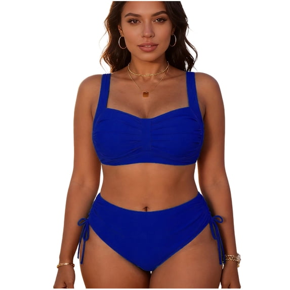Women's 2 Piece Swimsuit Front Pleated Cropped Tank Tops Side Drawstring Trunks Plus Size Modest Bathing Suit (3XL, Blue)