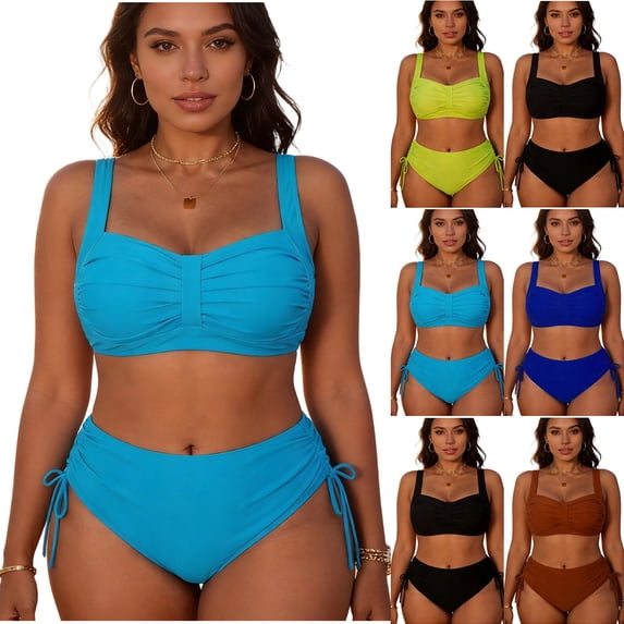 Women's 2 Piece Swimsuit Front Pleated Cropped Tank Tops Side Drawstring Trunks Plus Size Modest Bathing Suit (XL, Sky Blue)