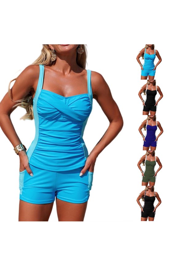 Women's 2 Piece Swimsuit High Waisted Full Coverage Bikini Sets Summer Push Up Tankini Bathing Suit Dark Blue XL