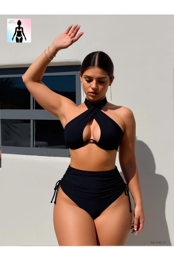 Women's 2-Piece Swimsuit Set Halter Wrap Front Cutout High Waisted Bikini Black