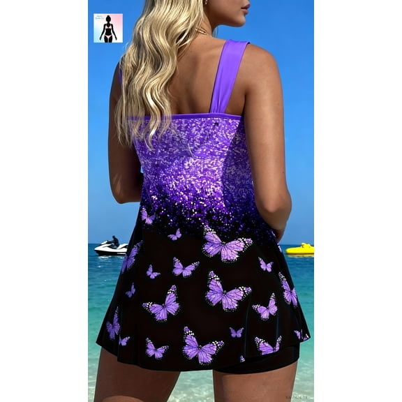 Women's 2-Piece Tankini Swimsuit Set Butterfly Gradient Swimwear Top with Skirt Bottom