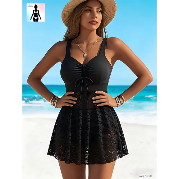 Women's 2-Piece Tankini Swimsuit Set Lace Swim Dress & Shorts Black