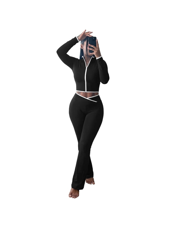 Women's 2 Piece Tracksuit Contrast White Piping Zip Up Long Sleeve Crop Top Cross Waist Flare Leg Pants Y2K Matching Outfit Lounge Sets Black L