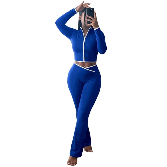 Women's 2 Piece Tracksuit Contrast White Piping Zip Up Long Sleeve Crop Top Cross Waist Flare Leg Pants Y2K Matching Outfit Lounge Sets Blue 2XL
