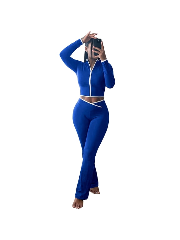 Women's 2 Piece Tracksuit Contrast White Piping Zip Up Long Sleeve Crop Top Cross Waist Flare Leg Pants Y2K Matching Outfit Lounge Sets Blue S
