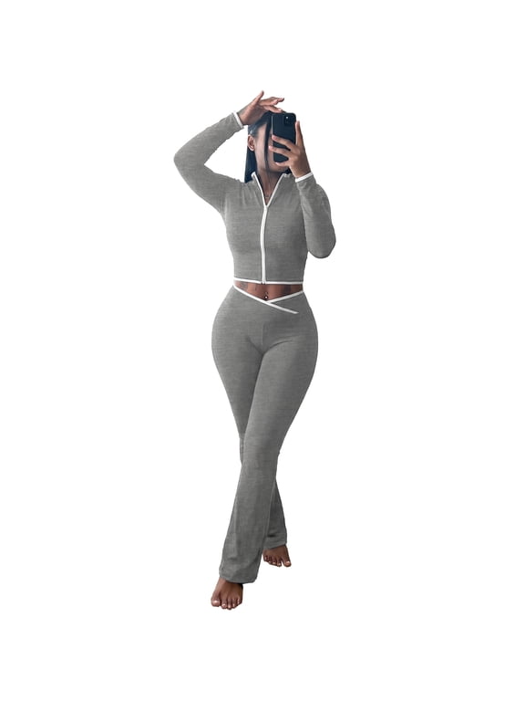 Women's 2 Piece Tracksuit Contrast White Piping Zip Up Long Sleeve Crop Top Cross Waist Flare Leg Pants Y2K Matching Outfit Lounge Sets Gray 2XL