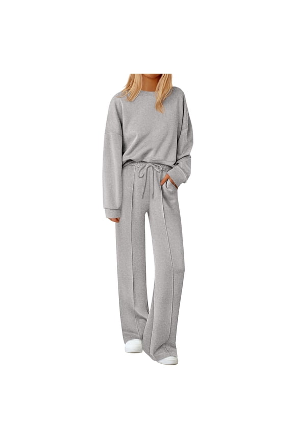 Women's 2 Piece Tracksuit Long Sleeve Crewneck Sweatshirts Wide Leg Sweatpant Casual Fall Outfits Travel Sets Light Gray L