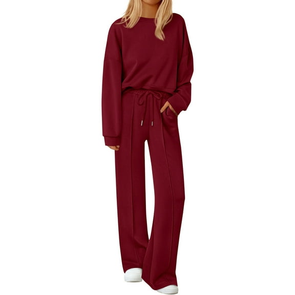 Women's 2 Piece Tracksuit Long Sleeve Crewneck Sweatshirts Wide Leg Sweatpant Casual Fall Outfits Travel Sets Wine S