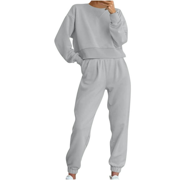 Women's 2 Piece Tracksuit Long Sleeve Crop Crewneck Sweatshirt Cinched Sweatpants Lounge Set Sweatsuits Fall Outfits (XL, Gray)