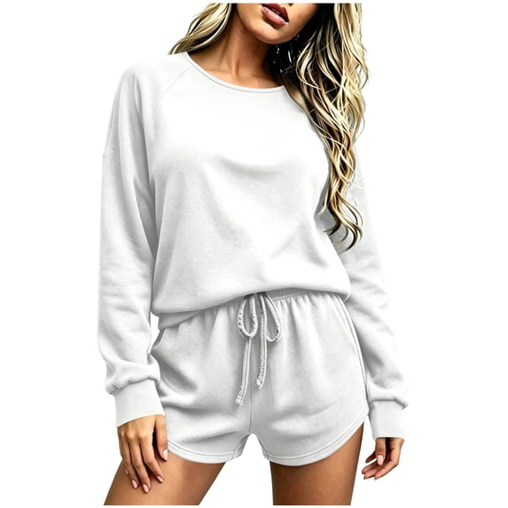 Women's 2 Piece Tracksuit Outfit Raglan Long Sleeve Crew Neck Sweatshirt and Sweatshorts Sets Soft Casual Y2K Streetwear Workout Set Black