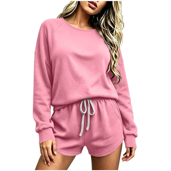 Women's 2 Piece Tracksuit Outfit Raglan Long Sleeve Crew Neck Sweatshirt and Sweatshorts Sets Soft Casual Y2K Streetwear Workout Set Pink