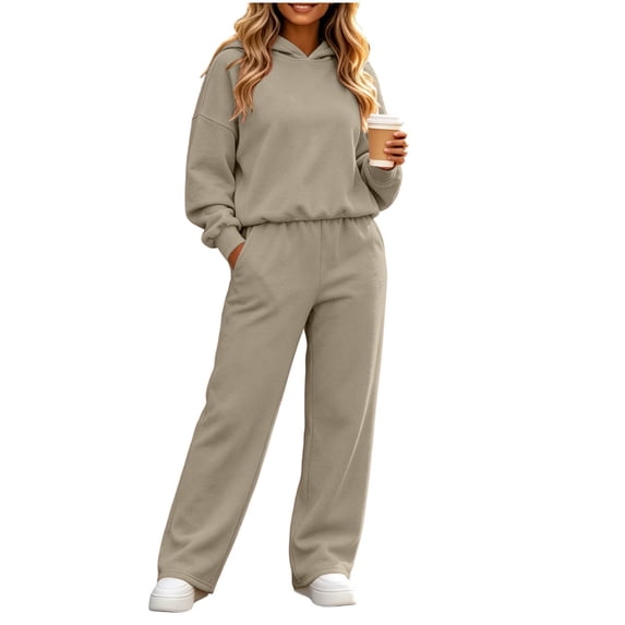 Women's 2 Piece Tracksuit Outfits Fleece Lined Long Sleeve Pullover Hoodie and Wide‑Leg Sweatpants Loungewear Daily Casual Jogger Suit Y2K Streetwear Khaki