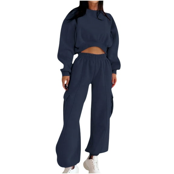 Women's 2 Piece Tracksuit Outfits Loose Crewneck Long Sleeve Cropped Sweatshirt Baggy Cargo Jogger Pants 2025 Fall Lounge Sets