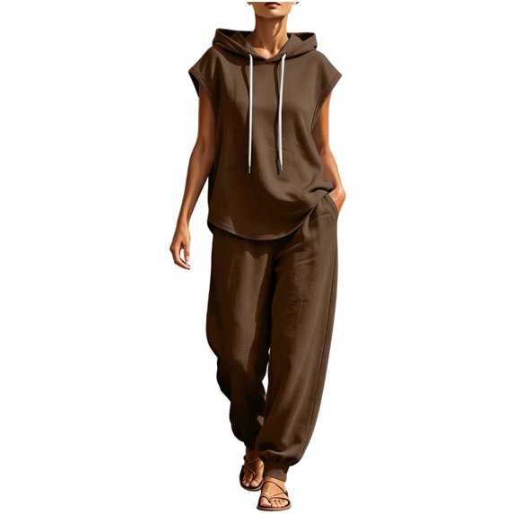 Women's 2 Piece Tracksuit Outfits Loose Sleeveless Hoodies Wide Leg Jogger Pants Matching Set Fall Y2K Outfits Workout Loungewear Brown