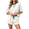 thumbnail image 1 of Women's 2 Piece Tracksuit Outfits Oversized Crew Neck Short Sleeve Shirts and Sweat Shorts Running Athletic Sets Loungewear Pjs Sets White, 1 of 7