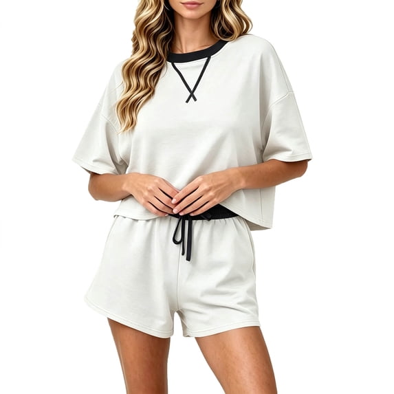 Women's 2 Piece Tracksuit Outfits Oversized Crew Neck Short Sleeve Shirts and Sweat Shorts Running Athletic Sets Loungewear Pjs Sets White