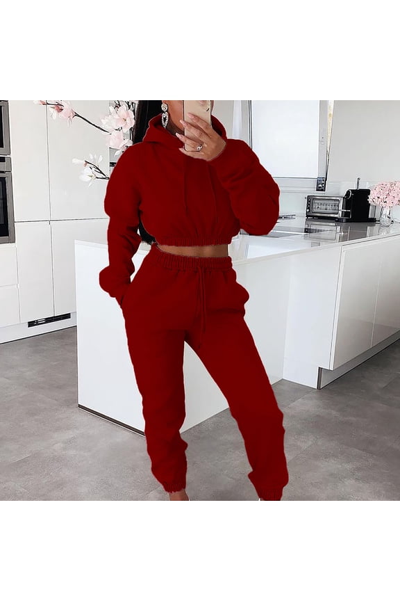 Women's 2 Piece Tracksuit Outfits Workout Long Sleeve Cropped Sweatshirt Tops Joggers Pants Sets Sweatsuits Red L