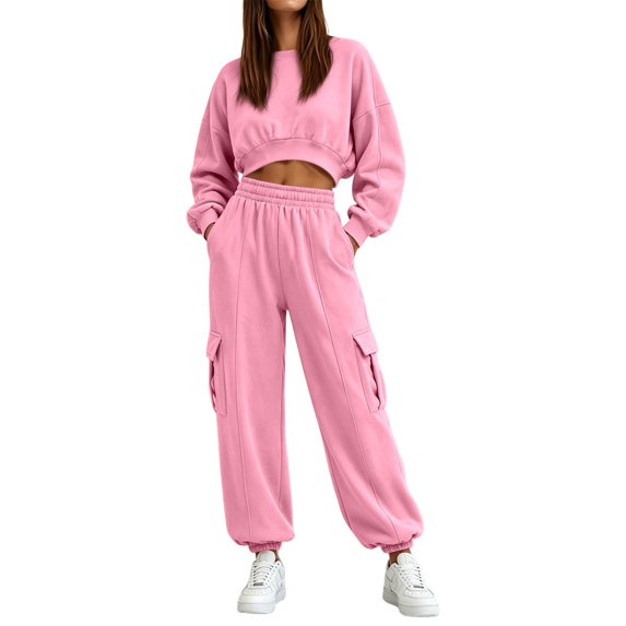 Women's 2 Piece Tracksuit Set Crewneck Cropped Long Sleeve Top High Waist Cargo Jogger Pants Elastic Waist Side Pockets Relaxed Comfortable Outfit for Workout Casual Daily Wear Pink_#47 M