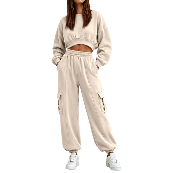 Women's 2 Piece Tracksuit Set Crewneck Cropped Long Sleeve Top High Waist Cargo Jogger Pants Elastic Waist Side Pockets Relaxed Comfortable Outfit for Workout Casual Daily Wear Beige_#47 S