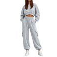 thumbnail image 1 of Women's 2 Piece Tracksuit Set Crewneck Cropped Long Sleeve Top High Waist Cargo Jogger Pants Elastic Waist Side Pockets Relaxed Comfortable Outfit for Workout Casual Daily Wear Gray_#47 M, 1 of 5