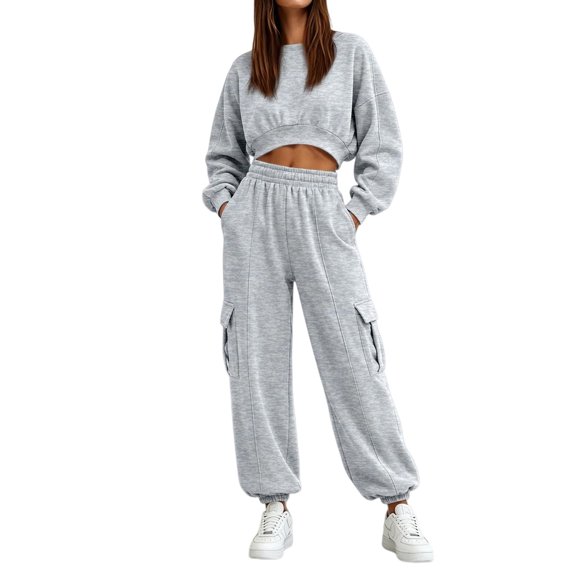 Women's 2 Piece Tracksuit Set Crewneck Cropped Long Sleeve Top High Waist Cargo Jogger Pants Elastic Waist Side Pockets Relaxed Comfortable Outfit for Workout Casual Daily Wear Gray_#47 M