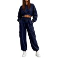 thumbnail image 1 of Women's 2 Piece Tracksuit Set Crewneck Cropped Long Sleeve Top High Waist Cargo Jogger Pants Elastic Waist Side Pockets Relaxed Comfortable Outfit for Workout Casual Daily Wear Navy_#47 S, 1 of 5
