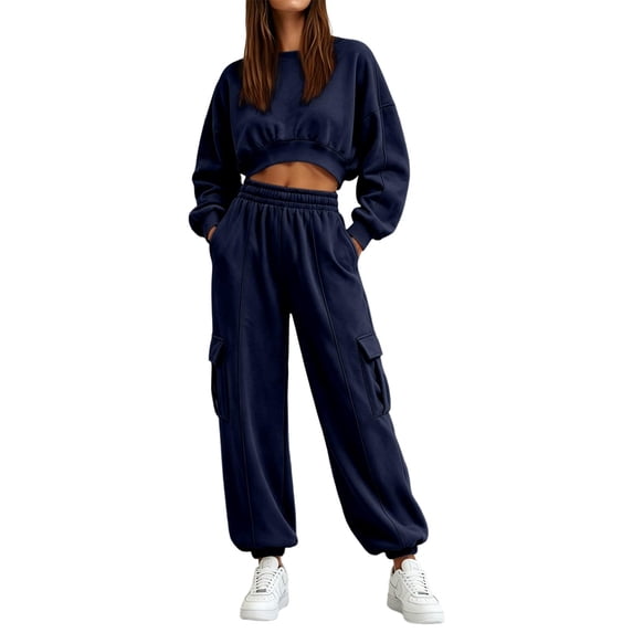 Women's 2 Piece Tracksuit Set Crewneck Cropped Long Sleeve Top High Waist Cargo Jogger Pants Elastic Waist Side Pockets Relaxed Comfortable Outfit for Workout Casual Daily Wear Navy_#47 S