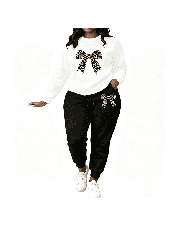 Women's 2 Piece Tracksuit Set Crewneck Long Sleeve Leopard Print Bow Drawstring Elastic Waist Jogger Pants Relaxed Comfortable Casual Top for Fall Winter Everyday Wear White_#108 L
