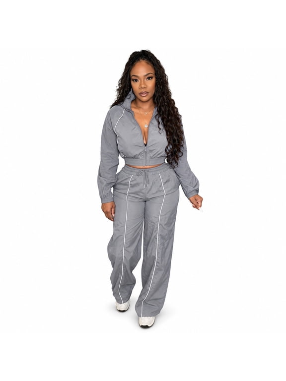 Women’s 2-Piece Tracksuit Set, Cropped Zip Jacket and Wide-Leg Pants, S-XXL