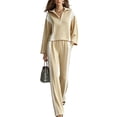 thumbnail image 1 of Women's 2 Piece Tracksuit Set Half Zip Collared Top Contrast Stripe Elastic Waist Wide Leg Pants Loose Fit Relaxed Comfortable Casual Outfit for Fall Winter Everyday Wear Beige_#1 L, 1 of 4