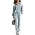 thumbnail image 1 of Women's 2 Piece Tracksuit Set Half Zip Collared Top Contrast Stripe Elastic Waist Wide Leg Pants Loose Fit Relaxed Comfortable Casual Outfit for Fall Winter Everyday Wear Sky Blue_#1 L, 1 of 4