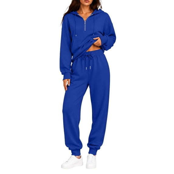 Women's 2 Piece Tracksuit Set Half Zip Hoodie Drawstring Kangaroo Pocket Elastic Waist High Waisted Drawstring Wide Leg Pants Plush Lined Pullover Top for Fall Winter Daily Wear Dark Blue_#48 L