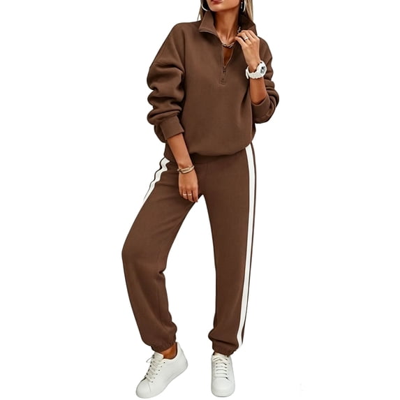 Women's 2 Piece Tracksuit Set Half Zip StAnd Collar Long Sleeve Top Side Stripe Jogger Pants Elastic Waist Relaxed Fit Casual Outfit for Fall Spring Daily Wear Brown_#51 S