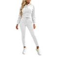 thumbnail image 1 of Women's 2‑Piece Tracksuit Set, Letter‑Embroidered Cropped Hooded Sweatshirt with Drawstring & High‑Waist Cuffed Jogger Pants, Solid‑Color Sporty Outfit for Daily Workout Commute White S(S), 1 of 8
