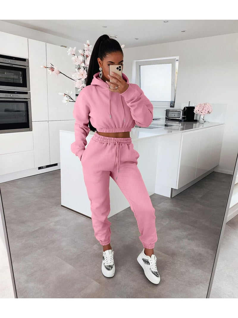 Women's Piece Tracksuit Set Long Sleeve Cropped Hoodied