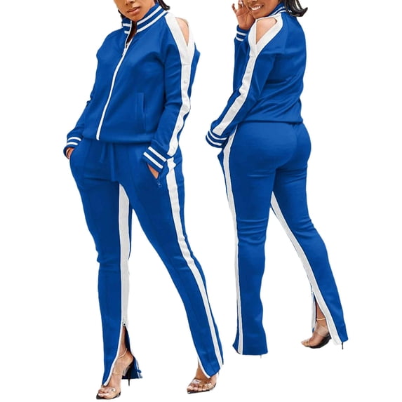Women's 2 Piece Tracksuit Set Sexy Cold Shoulder Full Zip Jacket and Split Hem Jogger Pants Outfits S-2XL