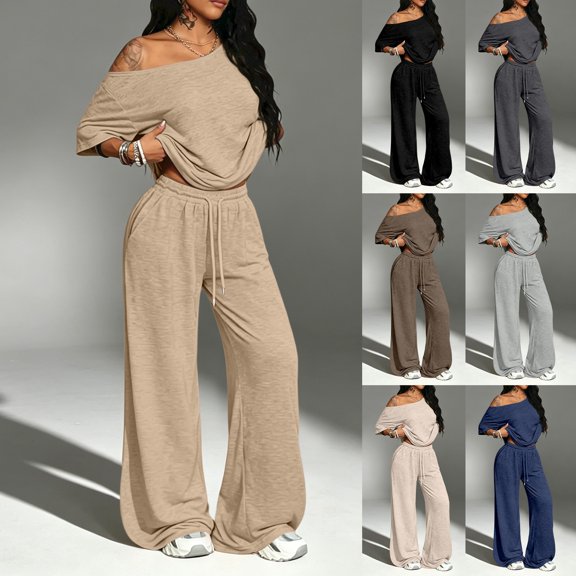 Women's 2 Piece Tracksuit Set, Off Shoulder Loose Fit Top with Wide Leg Pants, Casual Matching Outfit for Fall Winter, Travel, Lounge, Everyday Wear and Weekend Style