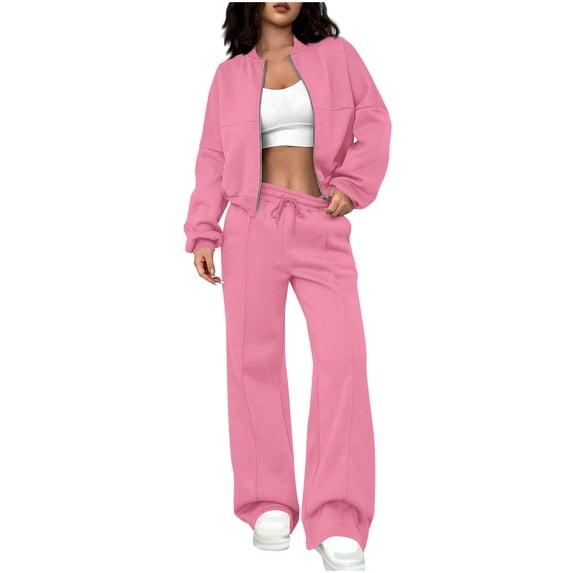 Women's 2 Piece Tracksuit Set Zip Up Crop Bomber Jacket and High Waisted Wide Leg Sweatpants Casual Lounge Wear Athletic Outfits with Drawstring