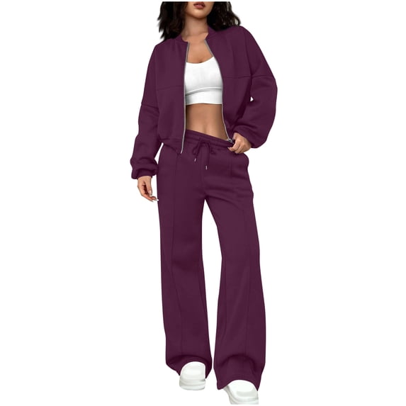 Women's 2 Piece Tracksuit Set Zip Up Crop Bomber Jacket and High Waisted Wide Leg Sweatpants Casual Lounge Wear Athletic Outfits with Drawstring