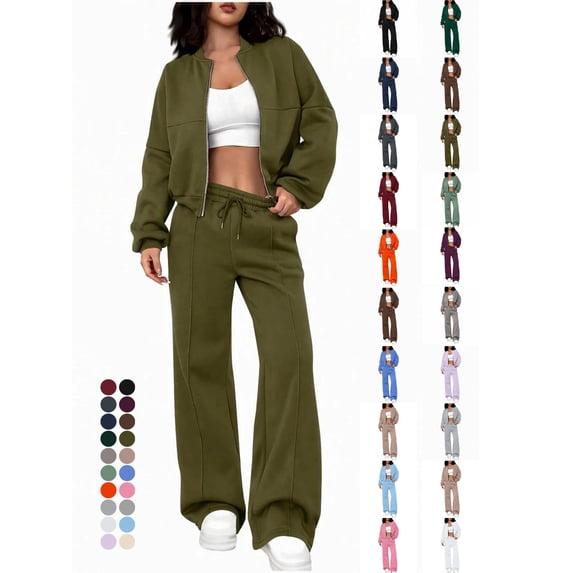 Women's 2 Piece Tracksuit Set Zip Up Crop Bomber Jacket and High Waisted Wide Leg Sweatpants Casual Lounge Wear Athletic Outfits with Drawstring
