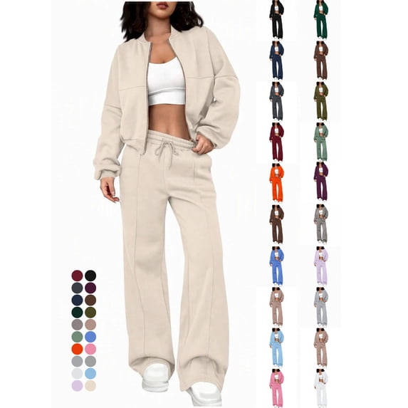 Women's 2 Piece Tracksuit Set Zip Up Crop Bomber Jacket and High Waisted Wide Leg Sweatpants Casual Lounge Wear Athletic Outfits with Drawstring