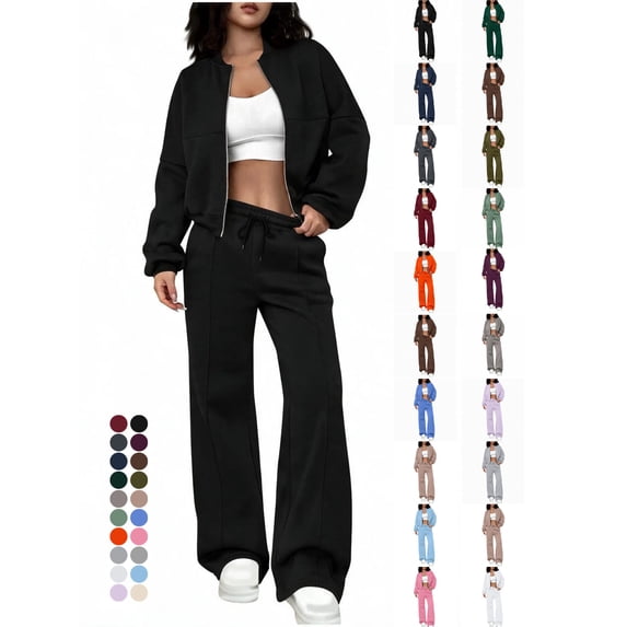 Women's 2 Piece Tracksuit Set Zip Up Crop Bomber Jacket and High Waisted Wide Leg Sweatpants Casual Lounge Wear Athletic Outfits with Drawstring